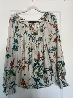 Karen Kane Cream Botanical Tie-Neck Blouse